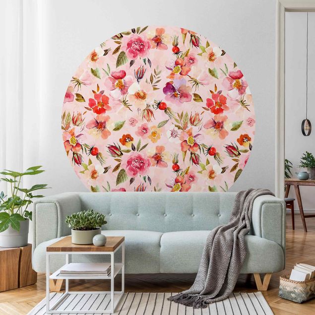 papel de parede moderno para sala Watercolour Flowers On Light Pink