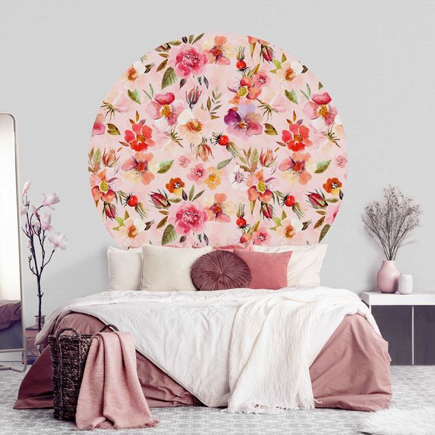 papel parede de flor Watercolour Flowers On Light Pink