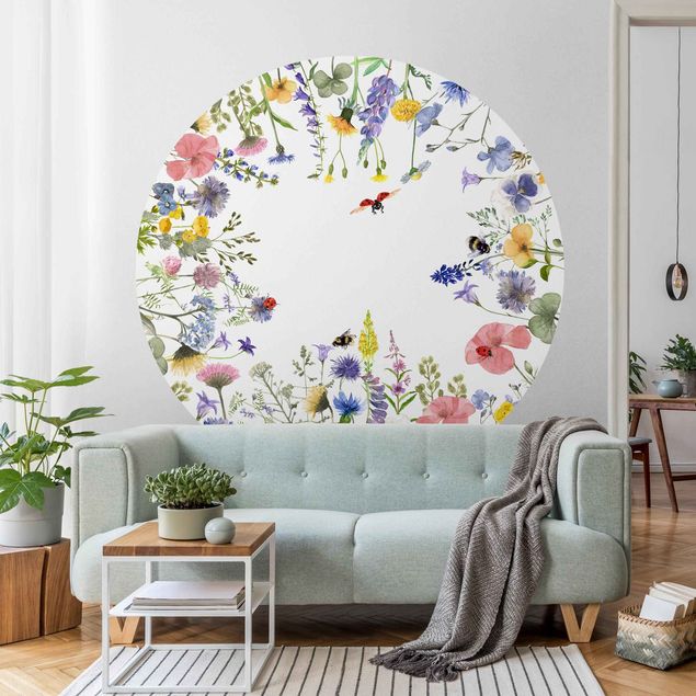 Papel de parede com flores Watercolour Flowers With Ladybirds