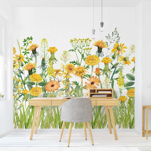 papel de parede moderno Watercolour Flower Meadow In Gelb