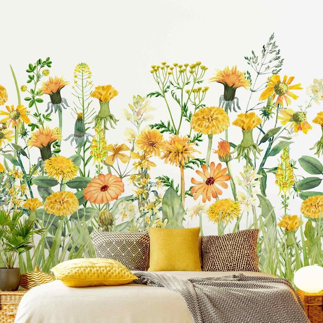 Papel de parede com flores Watercolour Flower Meadow In Gelb