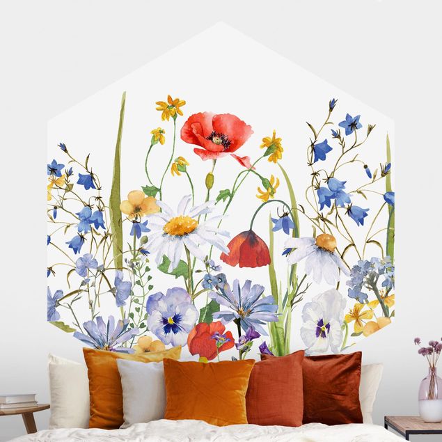 Papel de parede papoilas Watercolour Flower Meadow With Poppies