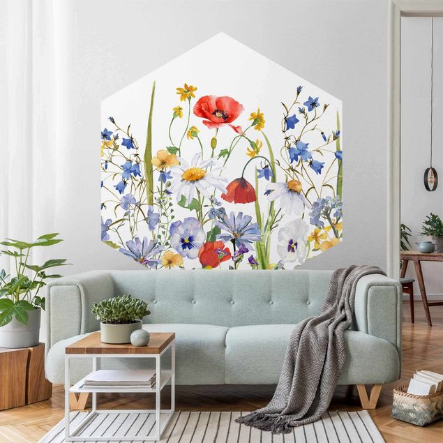 papel de parede moderno Watercolour Flower Meadow With Poppies