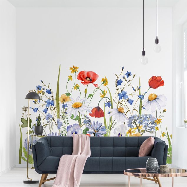 papel de parede floral Watercolour Flower Meadow With Poppies