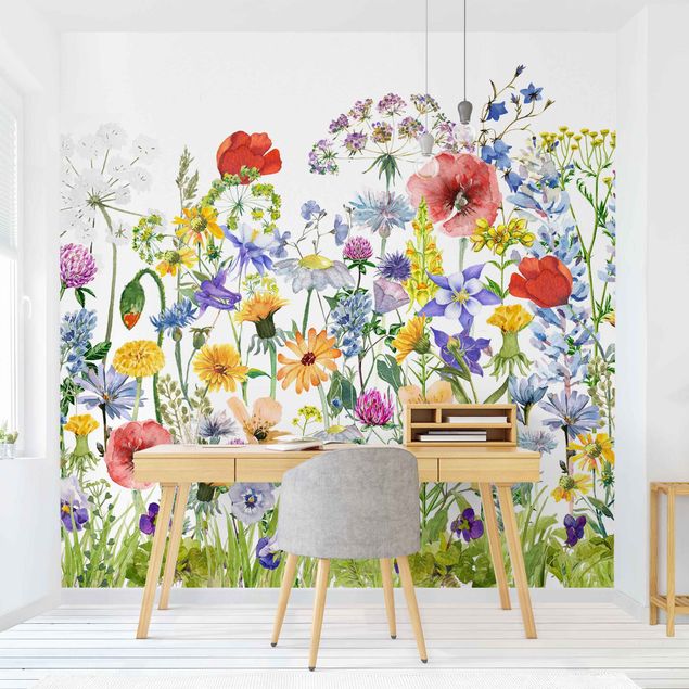 papel de parede moderno para sala Watercolour Flower Meadow