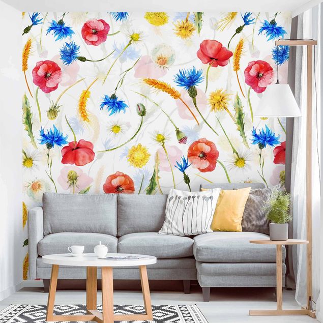papel de parede moderno Watercolour Wild Flowers With Poppies