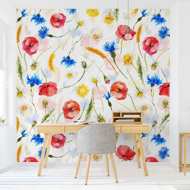Papel de parede padrões Watercolour Wild Flowers With Poppies