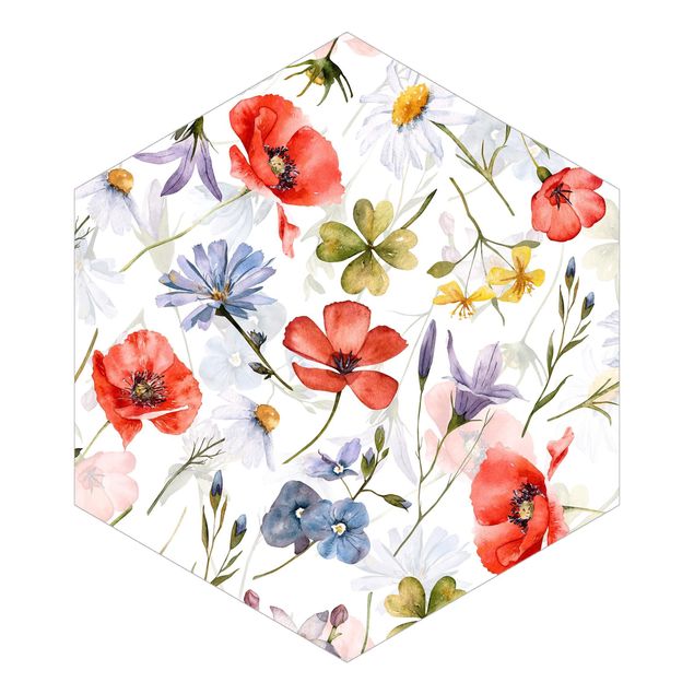 papel parede de flor Watercolour Poppy With Cloverleaf