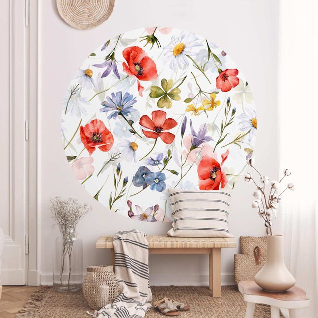 Papel de parede padrões Watercolour Poppy With Cloverleaf