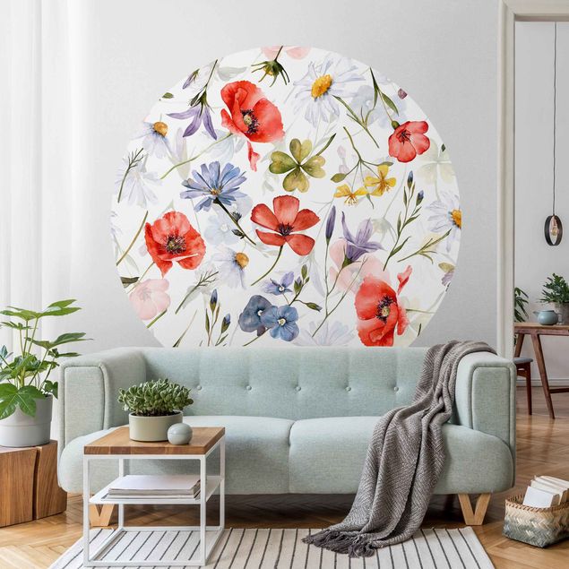 papel de parede moderno Watercolour Poppy With Cloverleaf