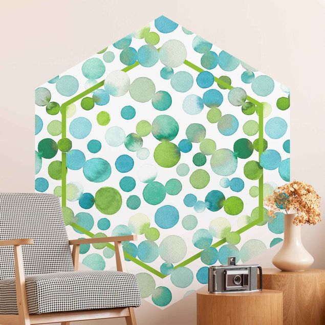 Papel de parede pontos Watercolour Dots Confetti In Bluish Green