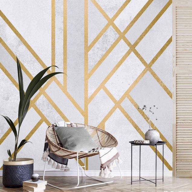 Papel de parede geométrico Art Deco Geometry White Gold