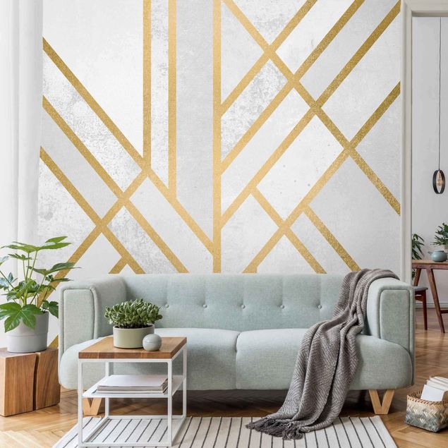 Papel de parede padrões Art Deco Geometry White Gold