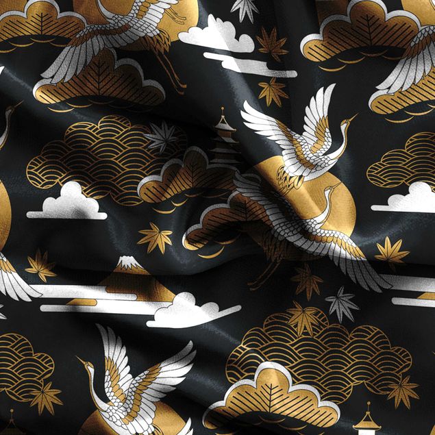 Cortinas para janelas Asian Pattern With Cranes In Autumn