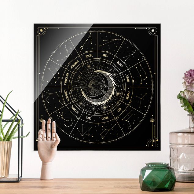Quadros em vidro zen Astrology Moon And Zodiac Signs Black