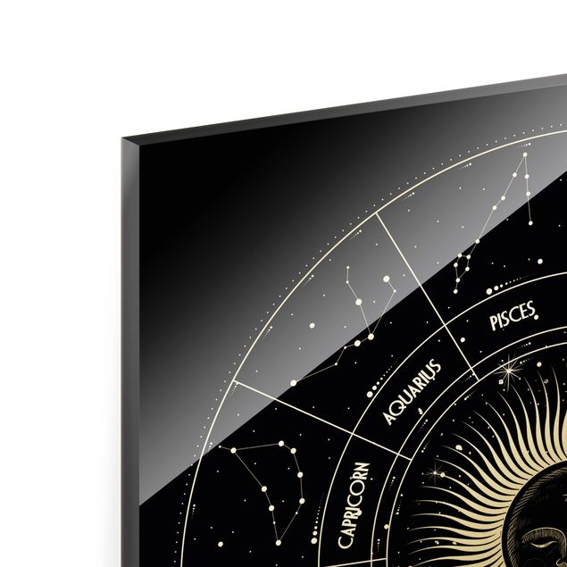 quadro de vidro Astrology Zodiac Sign In A Sun Circle Black