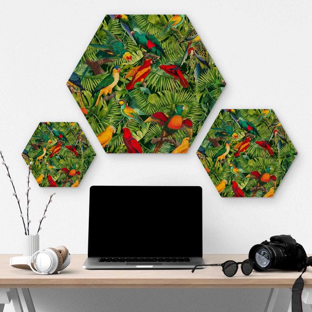 quadros em madeira para decoração Colorful Collage - Parrot In The Jungle