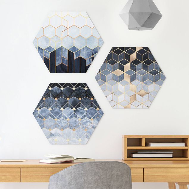 decoraçoes cozinha Blue White Golden Hexagons Set