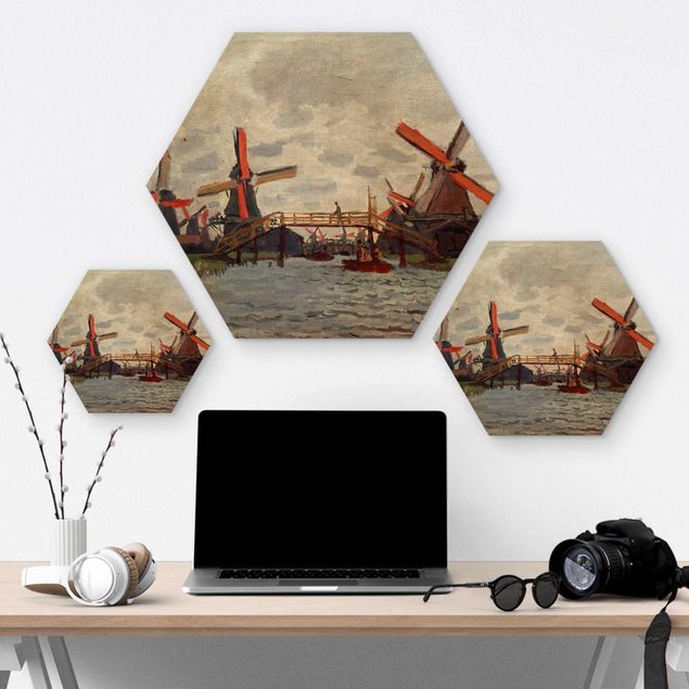Quadros hexagonais Claude Monet - Windmills in Westzijderveld near Zaandam