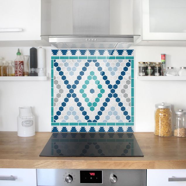 Painel anti-salpicos de cozinha padrões Moroccan tile pattern turquoise blue
