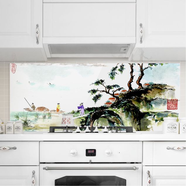decoraçao para parede de cozinha Japanese Watercolor Drawing Lake And Mountains