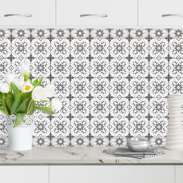 decoraçoes cozinha Geometrical Tile Mix Flower Grey