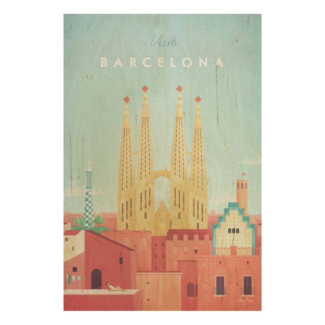 Quadros em madeira vintage Travel Poster - Barcelona