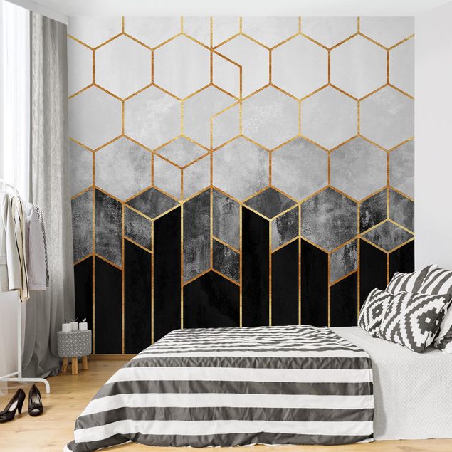 papel de parede moderno Golden Hexagons Black And White