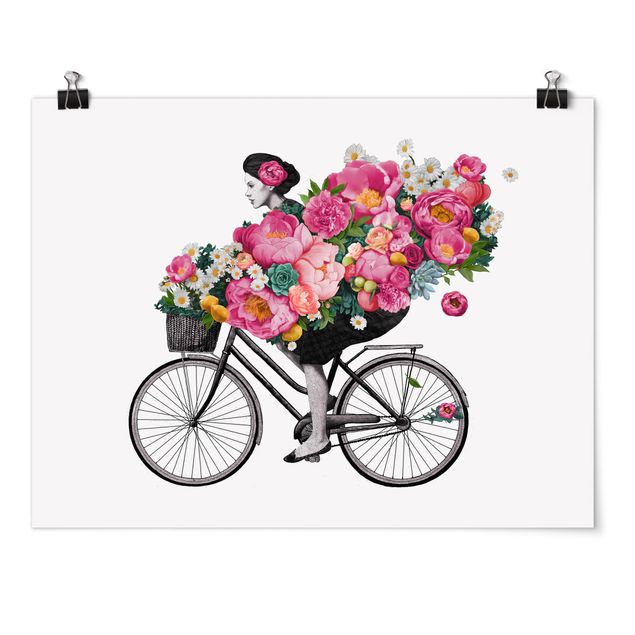 Posters quadros famosos Illustration Woman On Bicycle Collage Colourful Flowers
