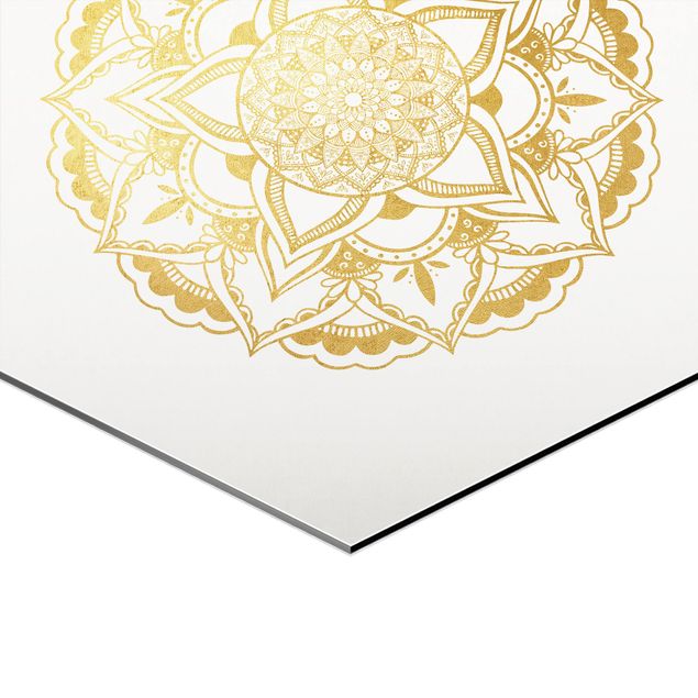 Quadros hexagonais Mandala Flower Sun Illustration Set Gold