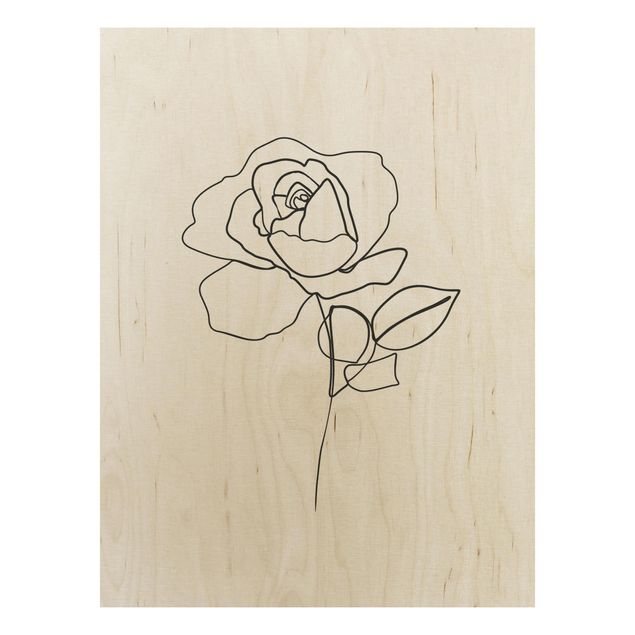 Quadros em madeira flores Line Art Rose Black White