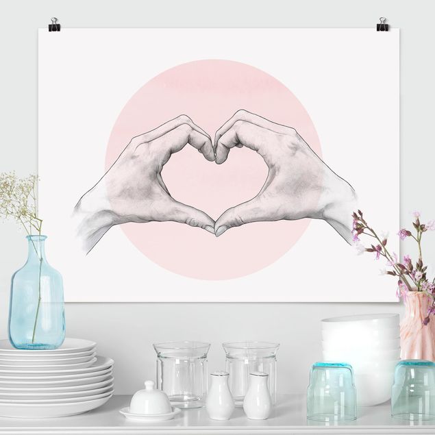 Posters quadros famosos Illustration Heart Hands Circle Pink White