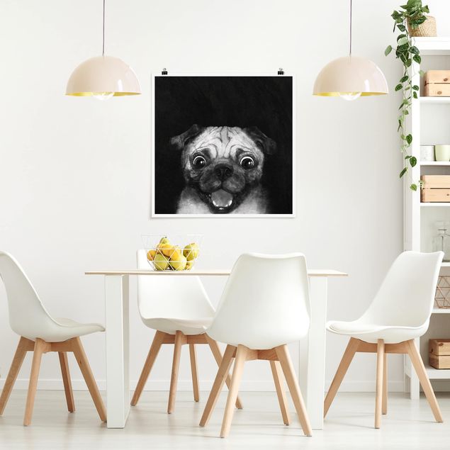Posters em preto e branco Illustration Dog Pug Painting On Black And White
