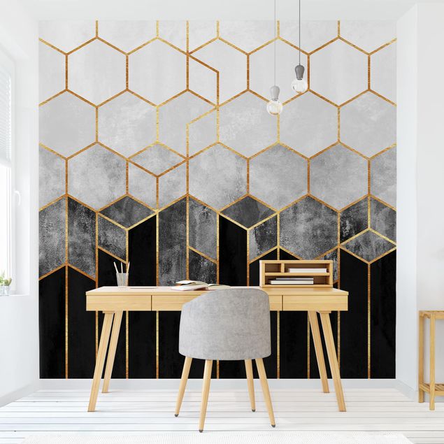 Papel de parede geométrico Golden Hexagons Black And White