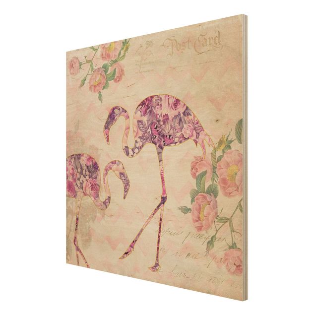 Quadros em madeira vintage Vintage Collage - Pink Flowers Flamingos