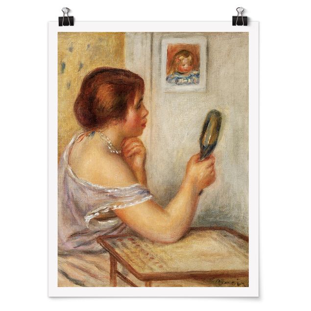 Posters quadros famosos Auguste Renoir - Gabrielle holding a Mirror or Marie Dupuis holding a Mirror with a Portrait of Coco