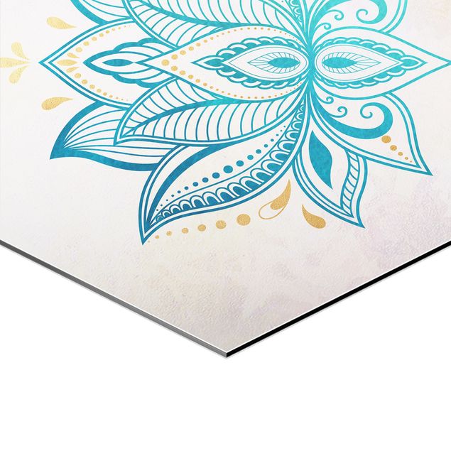 Quadros em turquesa Mandala Hamsa Hand Lotus Set Gold Blue