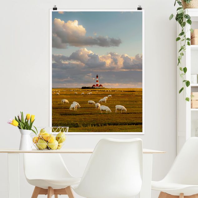 decoraçao cozinha North Sea Lighthouse With Flock Of Sheep