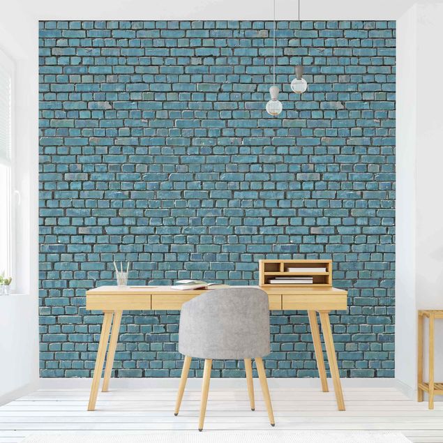 papel parede tijolinho Brick Tile Wallpaper Turquoise Blue