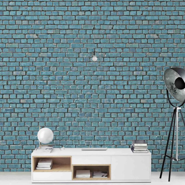papel de parede imitando pedrinhas Brick Tile Wallpaper Turquoise Blue
