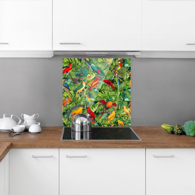 Painel anti-salpicos de cozinha flores Colourful Collage - Parrots In The Jungle