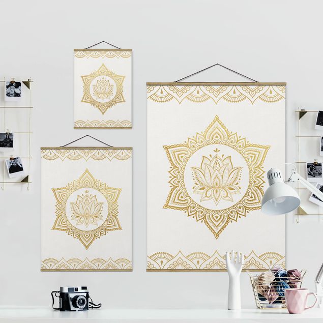 Quadros em tecido Mandala Lotus Illustration Ornament White Gold