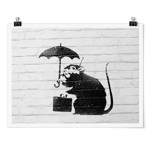 quadros preto e branco para decoração Ratte mit Regenschirm - Brandalised ft. Graffiti by Banksy