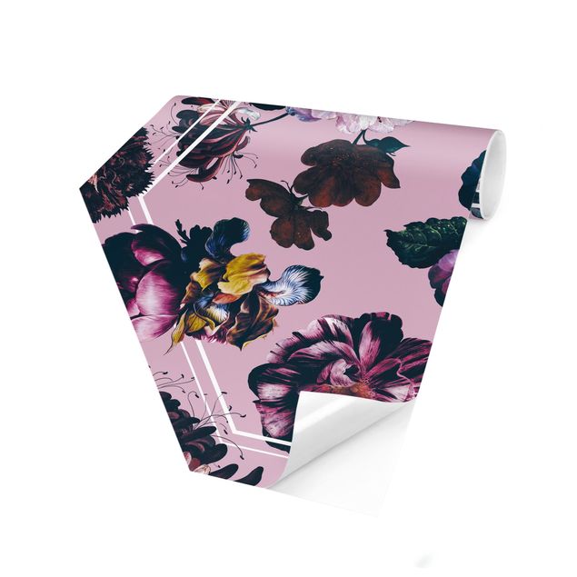 papel parede rosa Baroque Flowers With White Geometry In Pink
