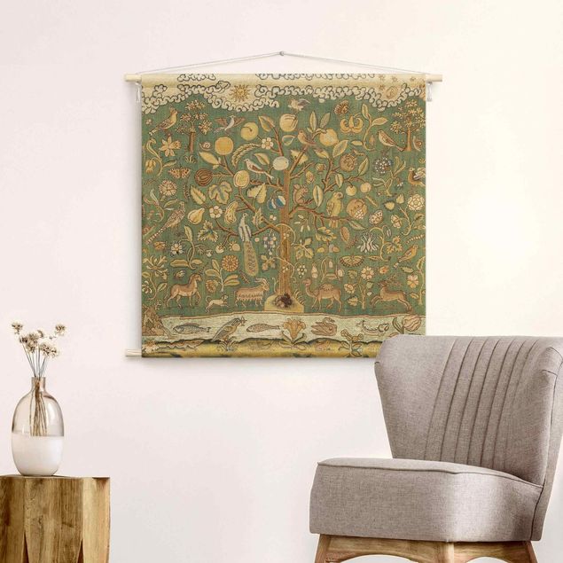 Tapeçaria de parede vintage Tree With Animals In Textile Look