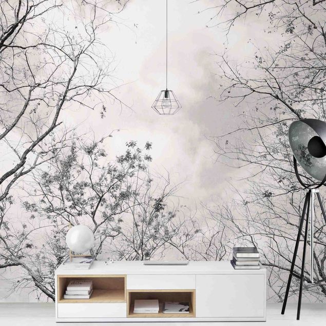 Papel de parede com flores Treetops In The Sky In Warm Grey