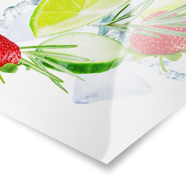 Posters Strawberries Lime Ice Cubes Splash