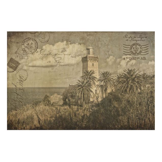 Quadros em madeira paisagens Vintage Postcard With Lighthouse And Palm Trees