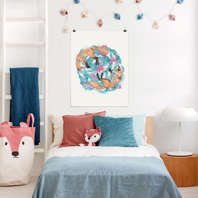 decoraçao para parede de cozinha Illustration Foxes And Waves Painting