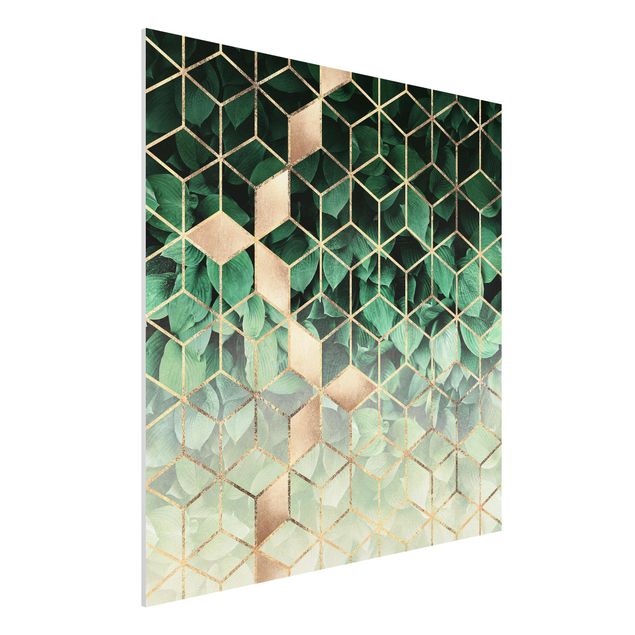 Quadros 3D Green Leaves Golden Geometry